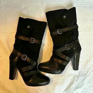 Stuart Weitzman Wraparound Black Leather Suede Strap Boots